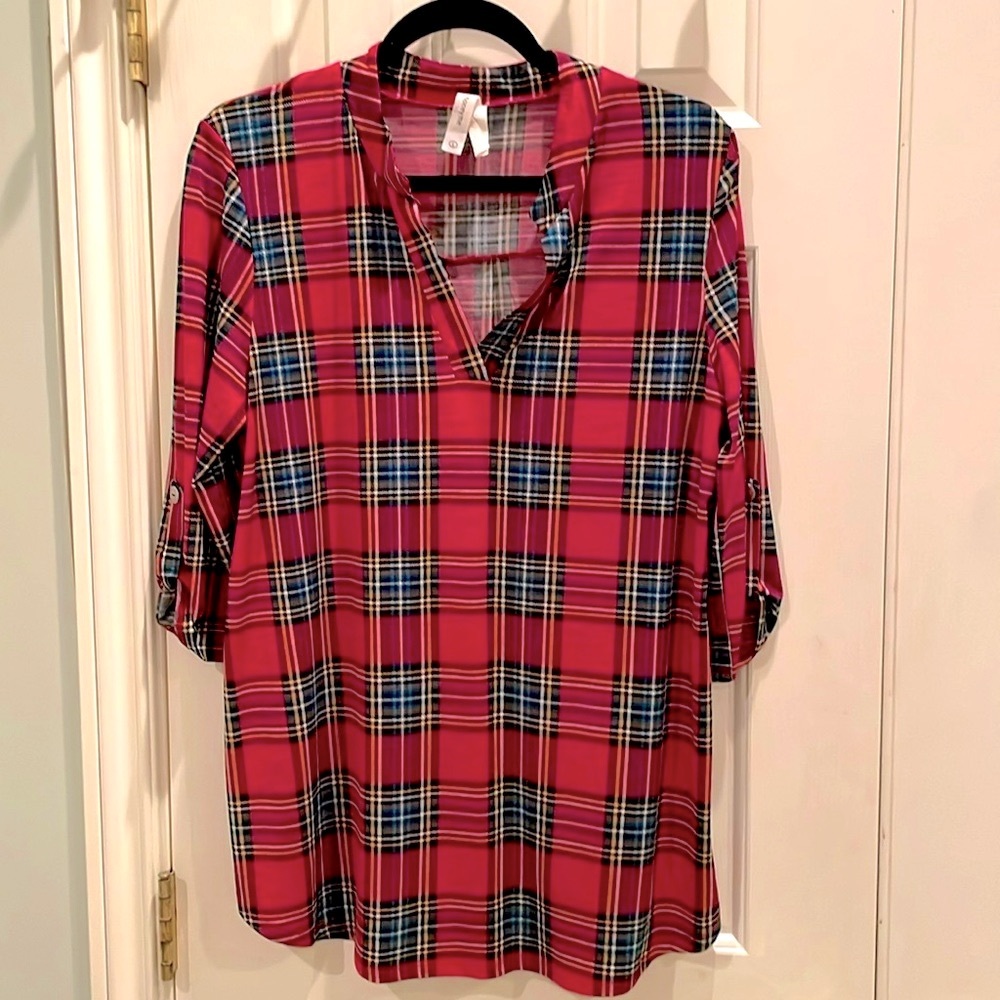Honeyme Red Plaid Gabby Top tunic L